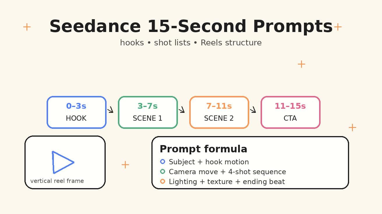 Seedance 15초 영상 프롬프트 2026: 후크, 샷 리스트, 릴스