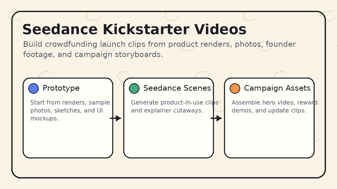 Видео для кампаний Seedance на Kickstarter 2026: ИИ‑процесс запуска продукта для краудфандинга