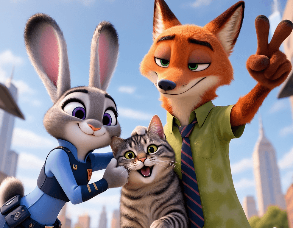 Combined selfie of Judy, Nick, and a kitten
